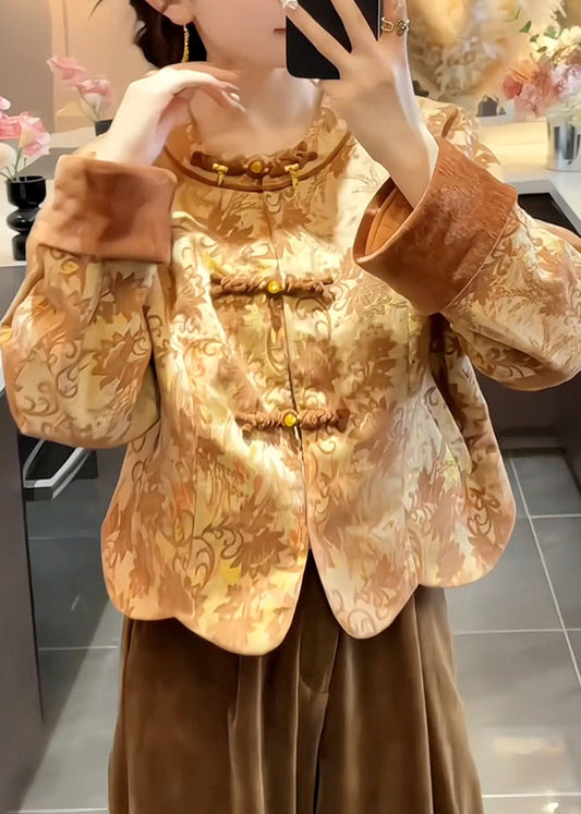 Chinesischer Stil, Rundhalsausschnitt, bedruckter Seiden-Baumwollmantel mit Knöpfen, Frühling