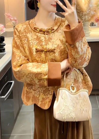 Abrigo de algodón de seda con botones estampados y cuello redondo estilo chino para primavera