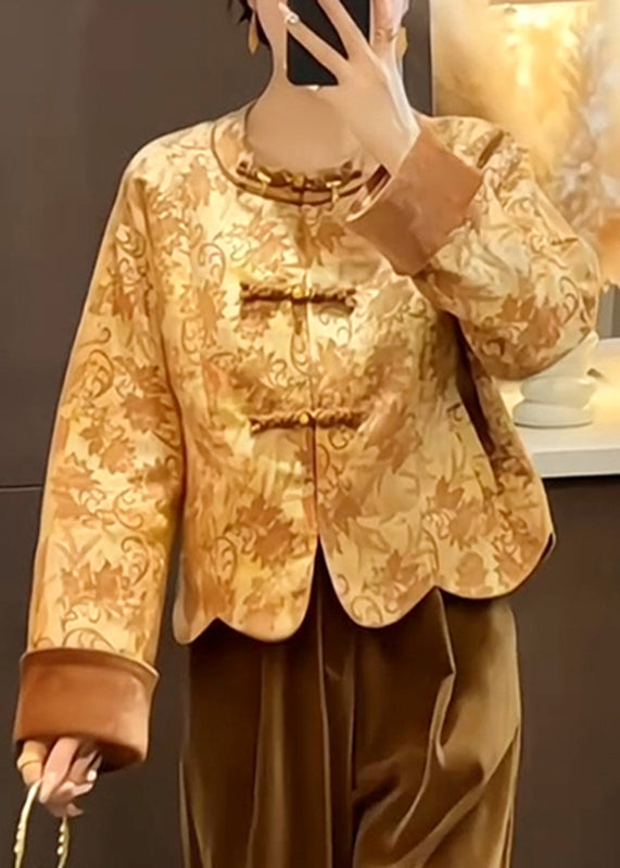 Abrigo de algodón de seda con botones estampados y cuello redondo estilo chino para primavera