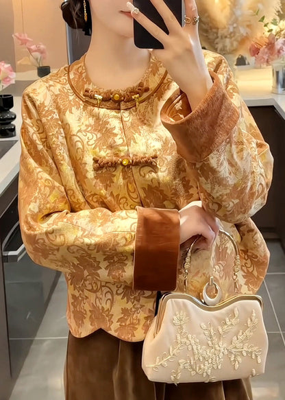 Abrigo de algodón de seda con botones estampados y cuello redondo estilo chino para primavera