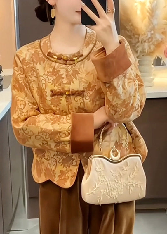 Abrigo de algodón de seda con botones estampados y cuello redondo estilo chino para primavera