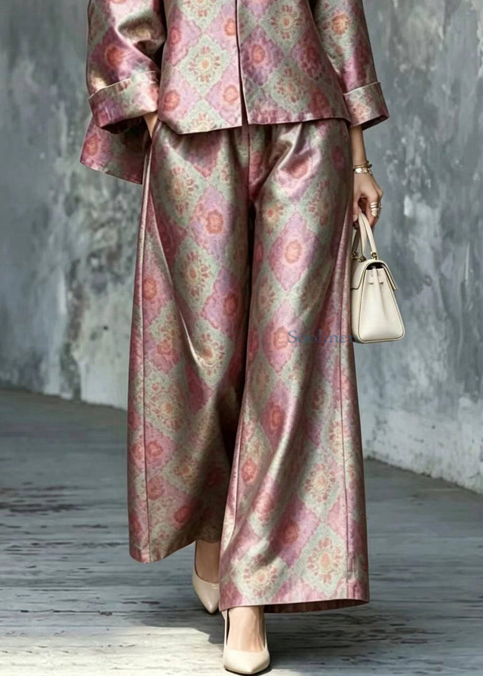 Chinese Style O-Neck Print Top And Wide Leg Pants Two Piece Set Outfits Fall