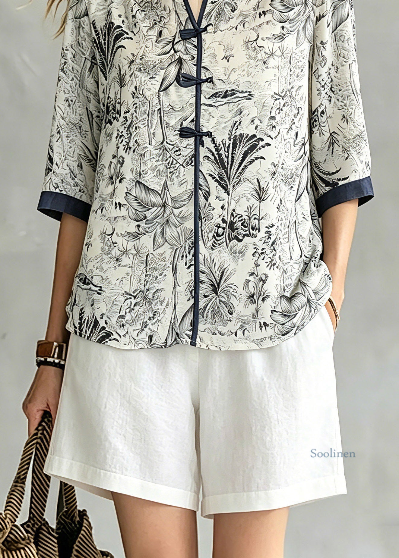 Chinese Style O-Neck Print Tops Half Sleeve