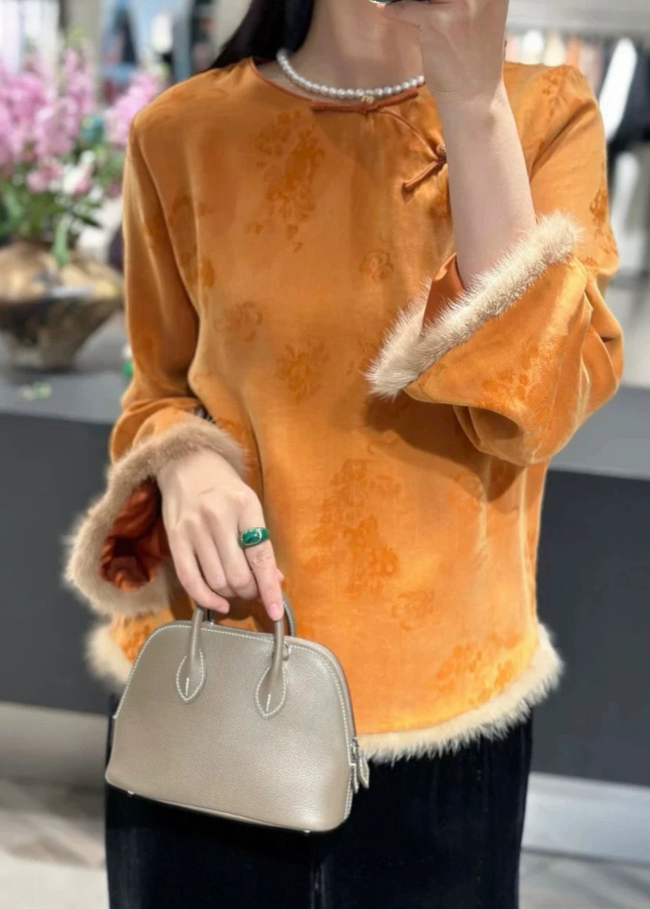 Chinese Style Orange O-Neck Mink Hair Patchwork Shirt Fall