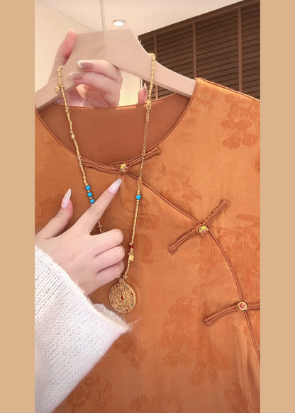 Chinese Style Orange O-Neck Mink Hair Patchwork Shirt Fall