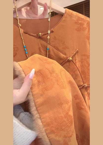 Chinese Style Orange O-Neck Mink Hair Patchwork Shirt Fall