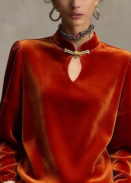 Chinese Style Orange Stand Collar Patchwork Silk Velour Top Petal Sleeve