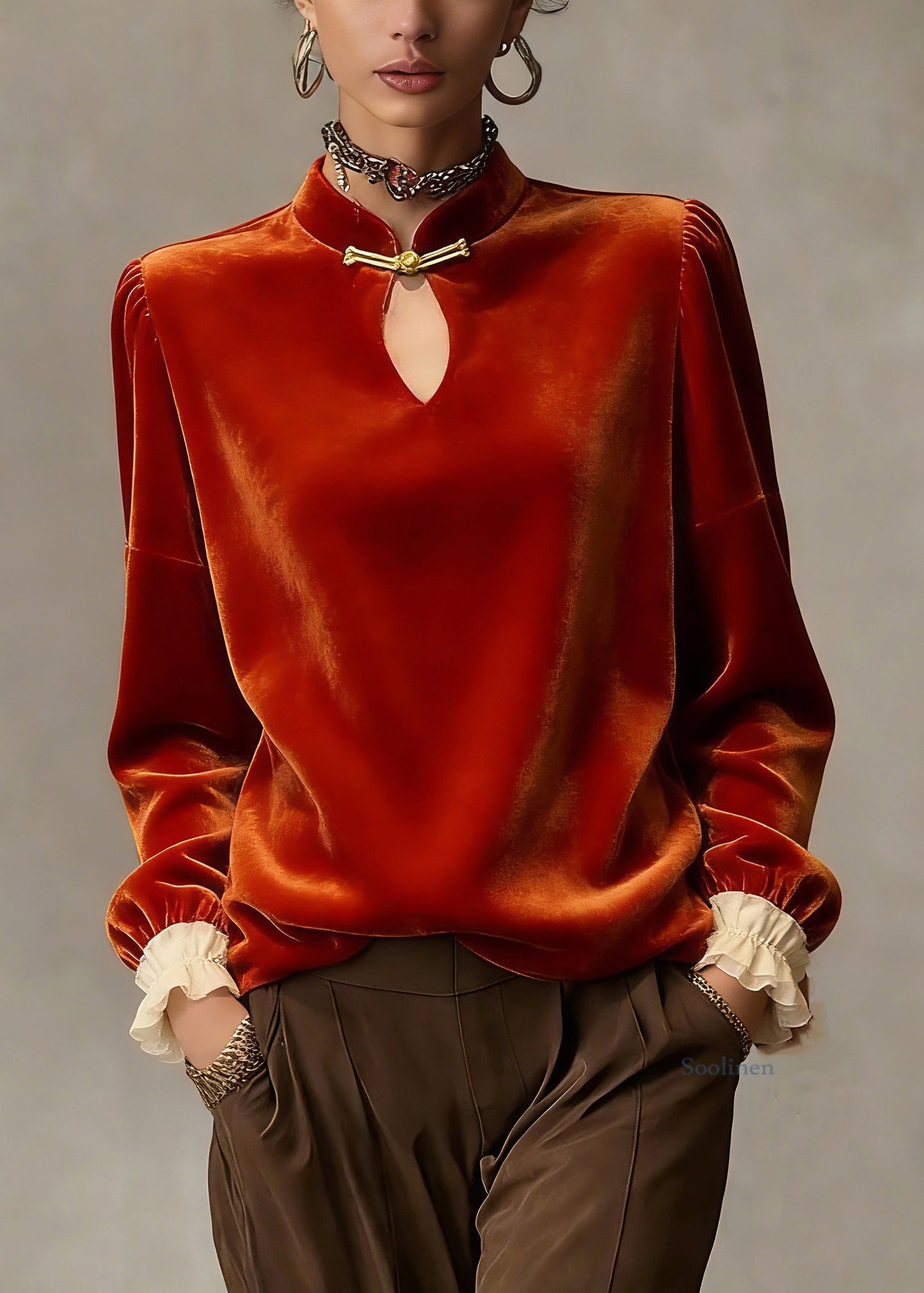 Chinese Style Orange Stand Collar Patchwork Silk Velour Top Petal Sleeve