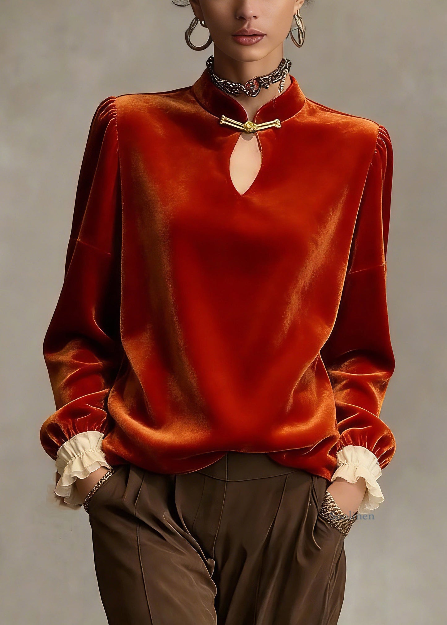 Chinese Style Orange Stand Collar Patchwork Silk Velour Top Petal Sleeve