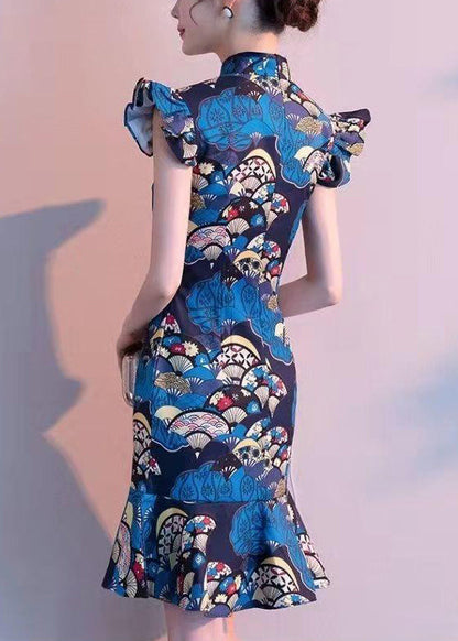 Chinese Style Peacock Blue Stand Collar Print Dresses Summer