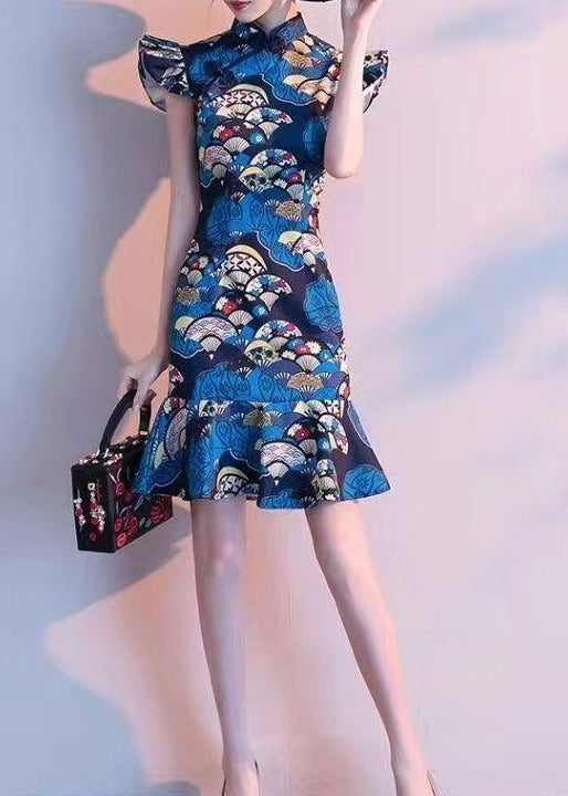 Chinese Style Peacock Blue Stand Collar Print Dresses Summer