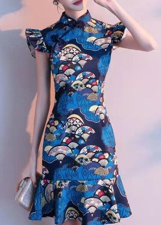 Chinese Style Peacock Blue Stand Collar Print Dresses Summer