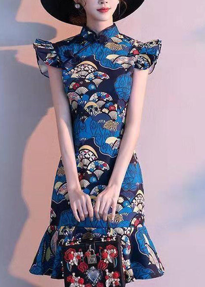 Chinese Style Peacock Blue Stand Collar Print Dresses Summer