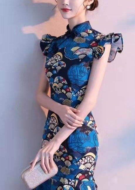 Chinese Style Peacock Blue Stand Collar Print Dresses Summer