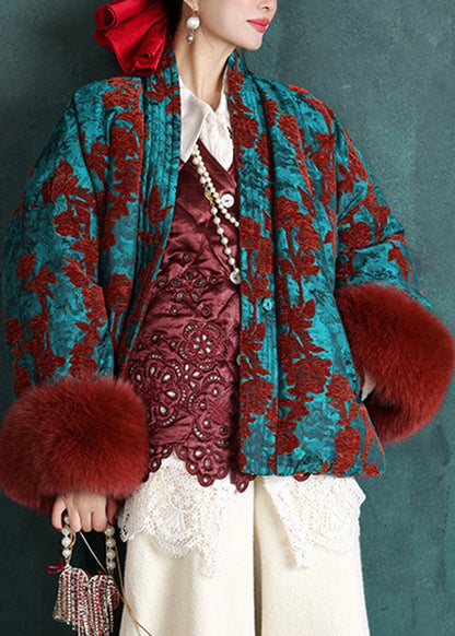 Chinese Style Peacock Blue V Neck Patchwork Tie Waist Fine Cotton Filled Parka Winter