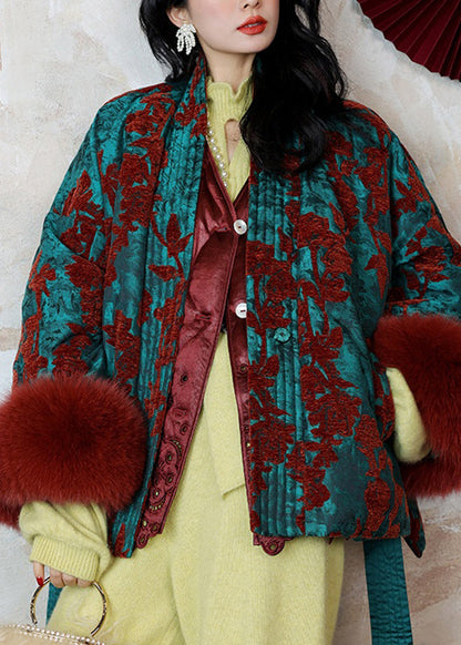 Chinese Style Peacock Blue V Neck Patchwork Tie Waist Fine Cotton Filled Parka Winter