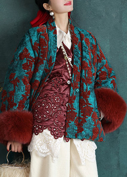 Chinese Style Peacock Blue V Neck Patchwork Tie Waist Fine Cotton Filled Parka Winter