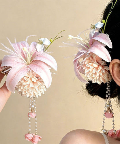 Chinese Style Pink Alloy Floral Pearl Tassel Hairpin