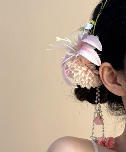 Chinese Style Pink Alloy Floral Pearl Tassel Hairpin