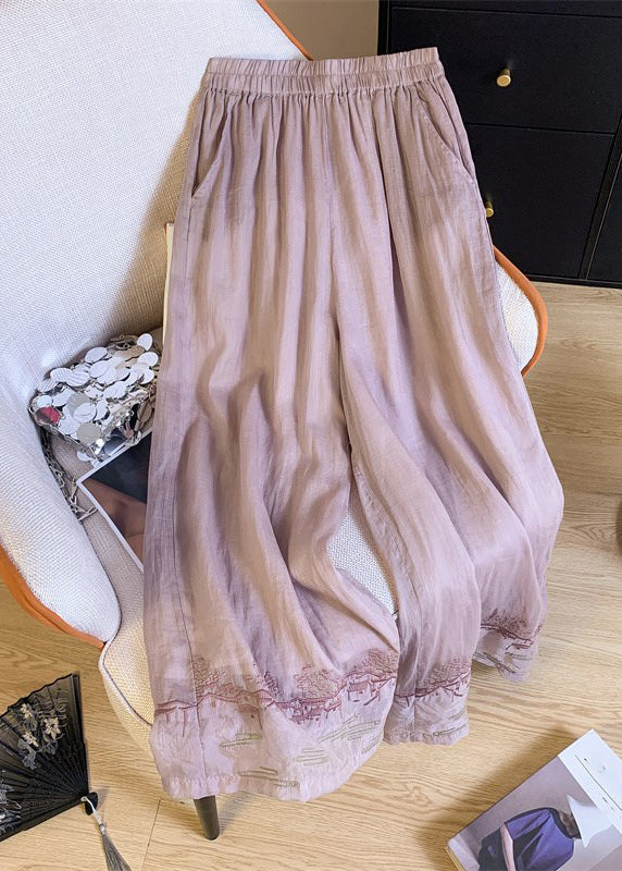Chinese Style Pink Embroidered Patchwork Elastic Waist Wide Leg Pants