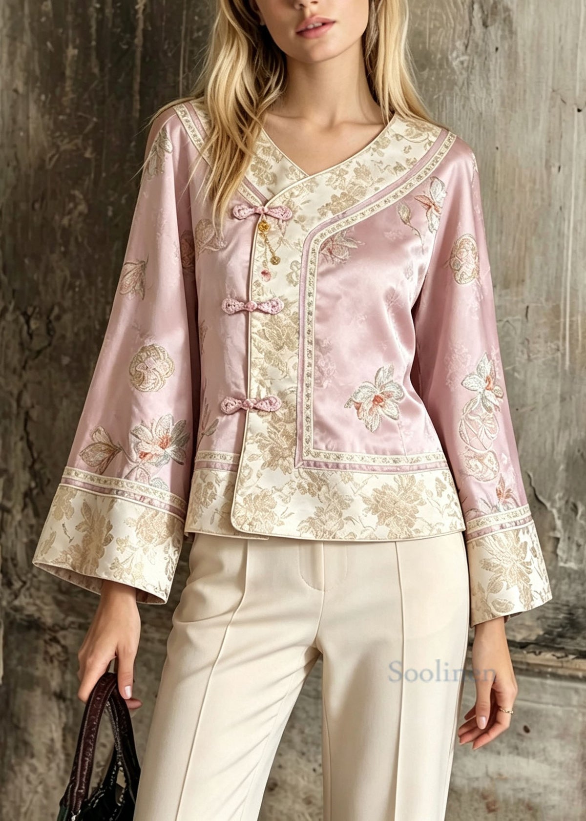Chinese Style Pink Embroidered Patchwork Silk Jackets Fall