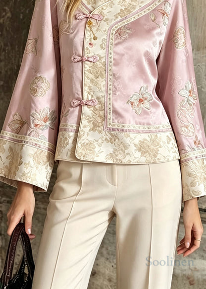 Chinese Style Pink Embroidered Patchwork Silk Jackets Fall