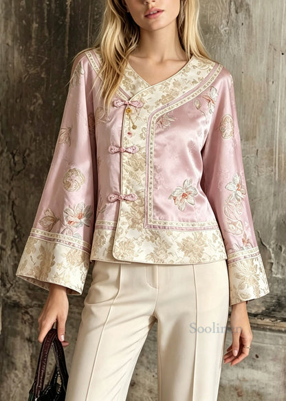 Chinese Style Pink Embroidered Patchwork Silk Jackets Fall