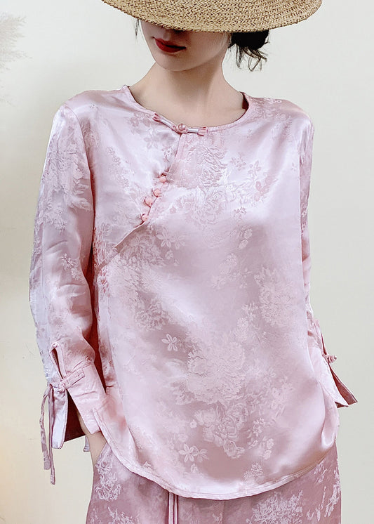 Chinese Style Pink Jacquard Silk Oriental Shirts Spring