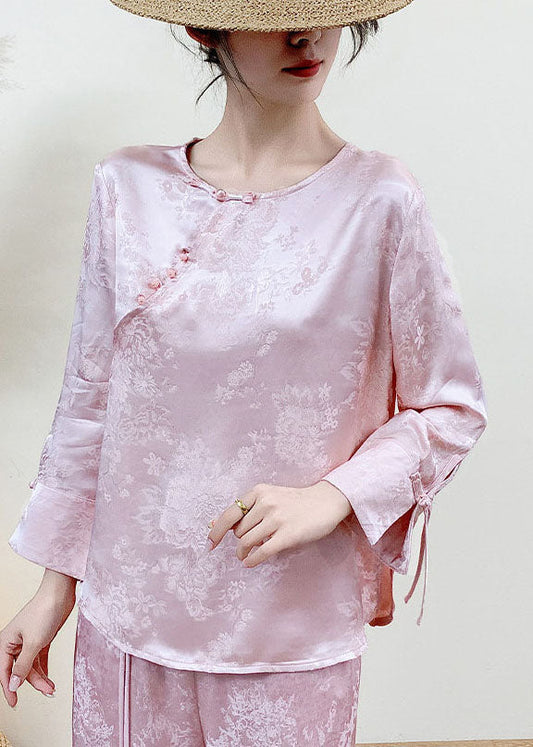 Chinese Style Pink Jacquard Silk Oriental Shirts Spring