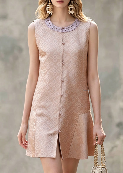 Chinese Style Pink Nail Bead Patchwork Mid Dress Sleeveless