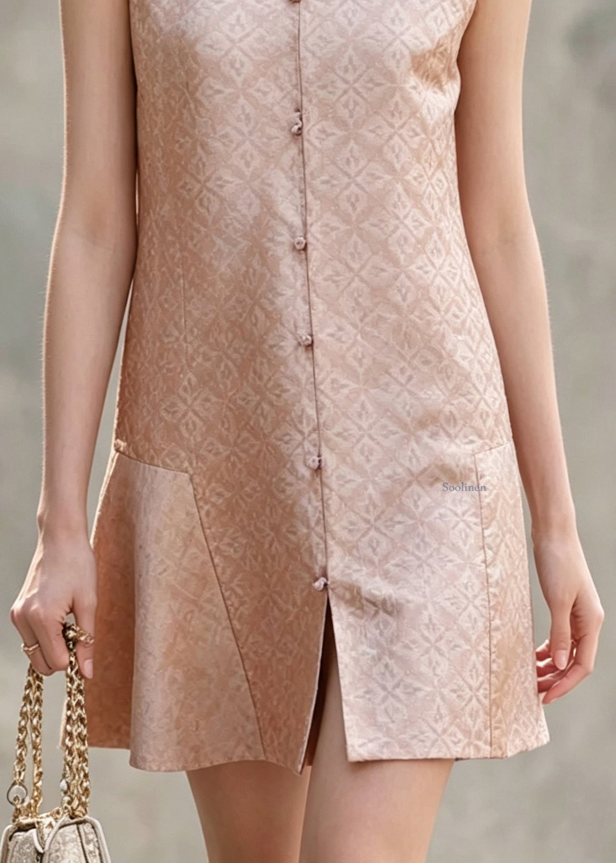 Chinese Style Pink Nail Bead Patchwork Mid Dress Sleeveless
