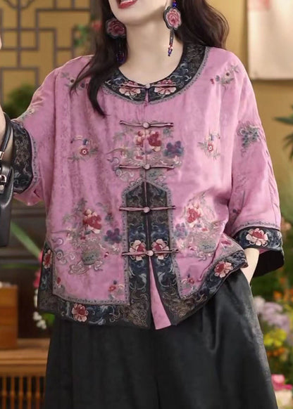 Chinesischen Stil Rosa O-Ausschnitt Orientalischen Knopf Baumwolle Hemd Tops Sommer