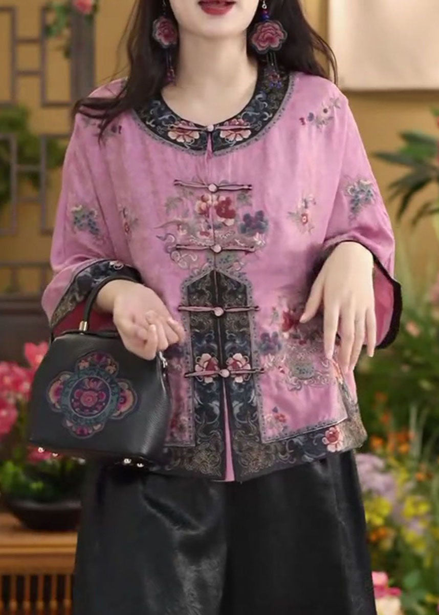 Chinesischen Stil Rosa O-Ausschnitt Orientalischen Knopf Baumwolle Hemd Tops Sommer