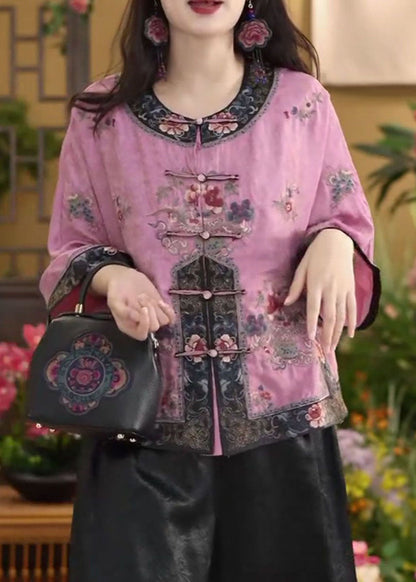Chinesischen Stil Rosa O-Ausschnitt Orientalischen Knopf Baumwolle Hemd Tops Sommer