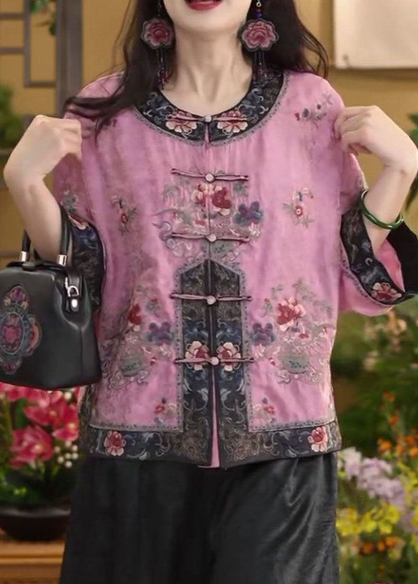 Chinesischen Stil Rosa O-Ausschnitt Orientalischen Knopf Baumwolle Hemd Tops Sommer