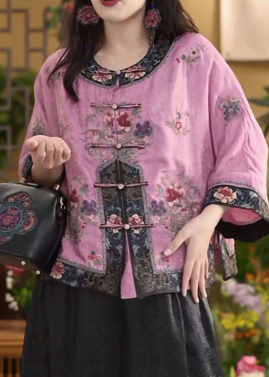 Chinesischen Stil Rosa O-Ausschnitt Orientalischen Knopf Baumwolle Hemd Tops Sommer