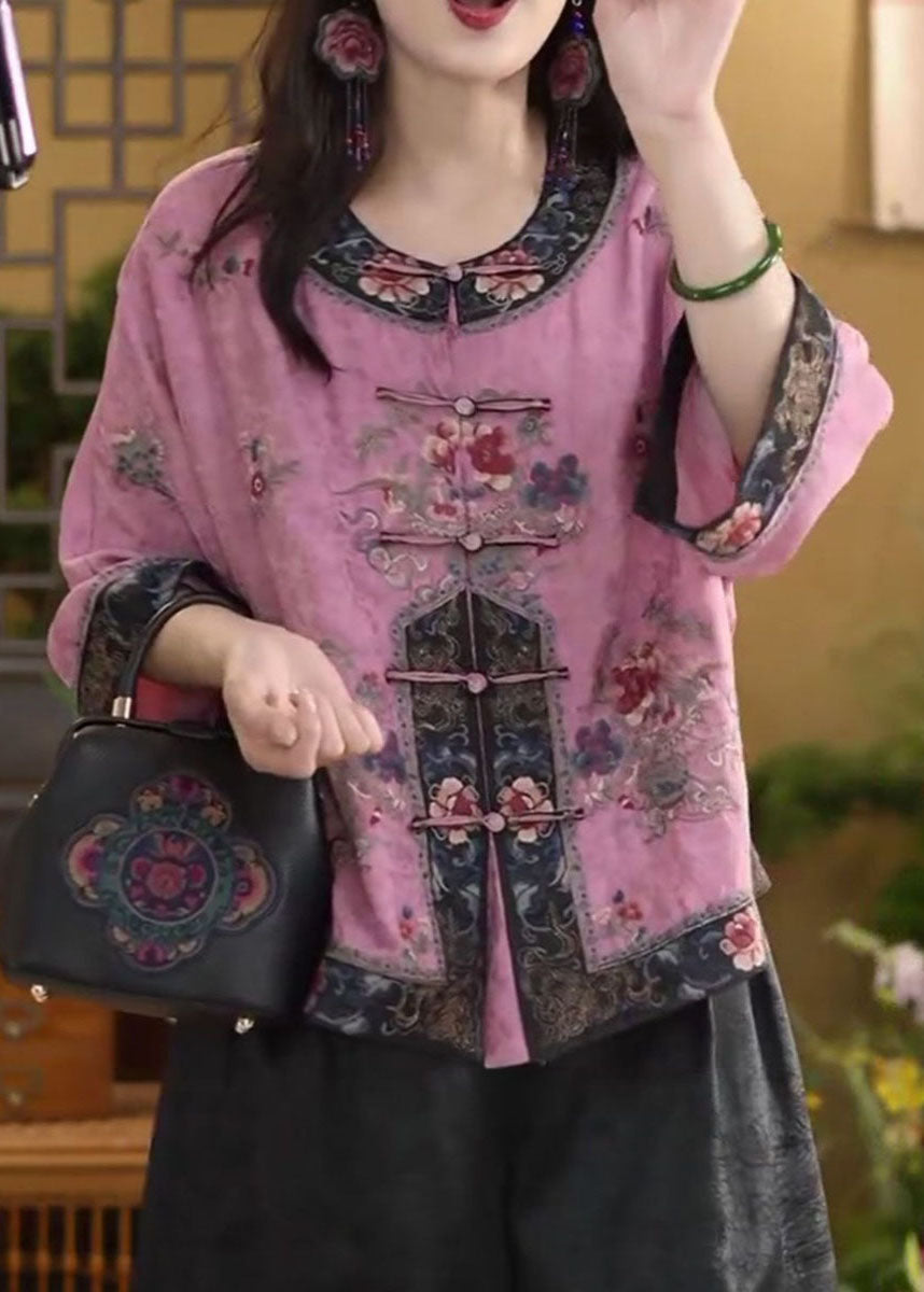 Chinesischen Stil Rosa O-Ausschnitt Orientalischen Knopf Baumwolle Hemd Tops Sommer