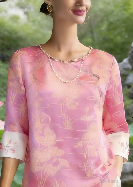 Chinese Style Pink O-Neck Print Silk T Shirt Three Quarter Sleeve