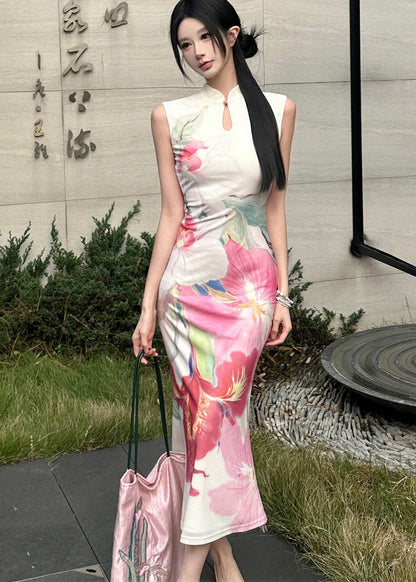 Chinese Style Pink Stand Collar Print Tulle Dress Summer