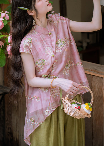 Chinese Style Pink Tie Waist T Shirts And Wide Leg Pants Two Piece Set Short Sleeve