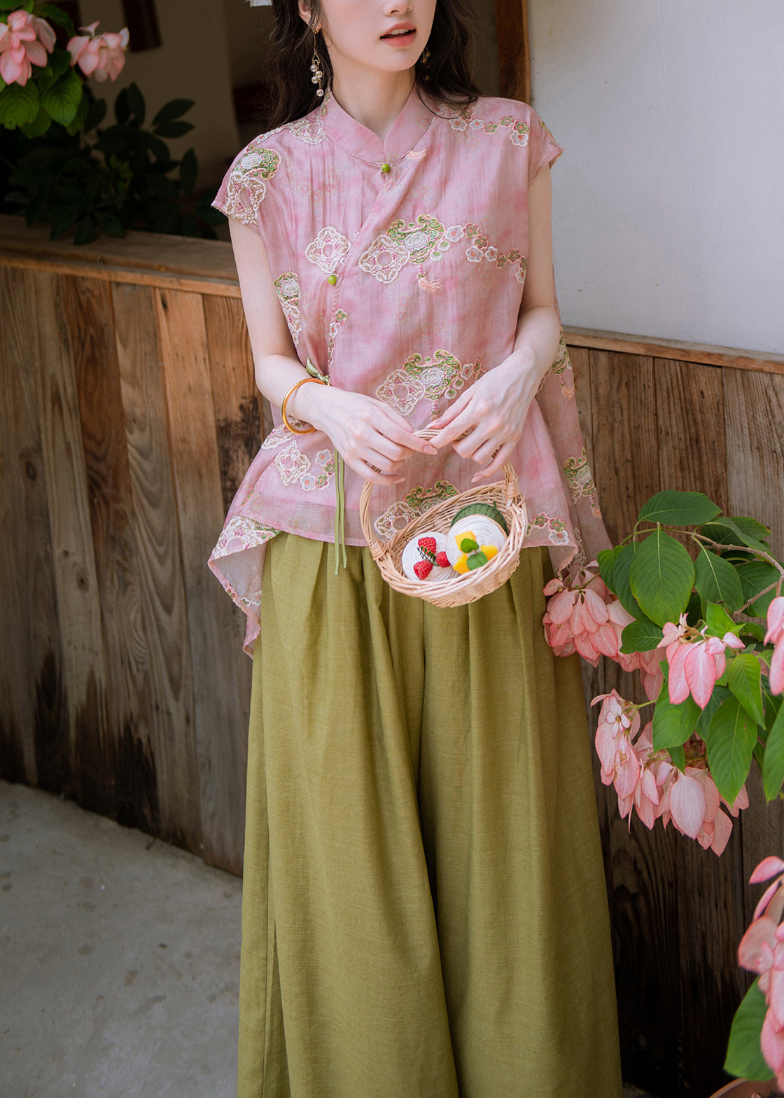 Chinese Style Pink Tie Waist T Shirts And Wide Leg Pants Two Piece Set Short Sleeve