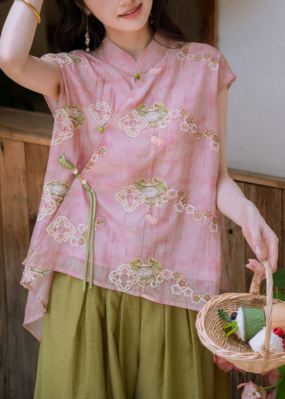 Chinese Style Pink Tie Waist T Shirts And Wide Leg Pants Two Piece Set Short Sleeve