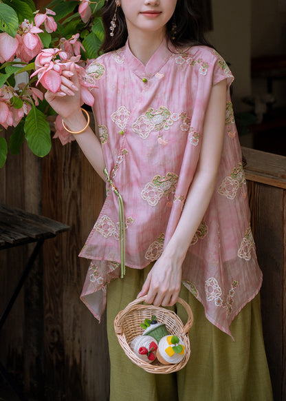 Chinese Style Pink Tie Waist T Shirts And Wide Leg Pants Two Piece Set Short Sleeve