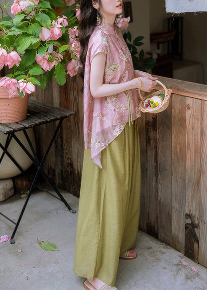 Chinese Style Pink Tie Waist T Shirts And Wide Leg Pants Two Piece Set Short Sleeve