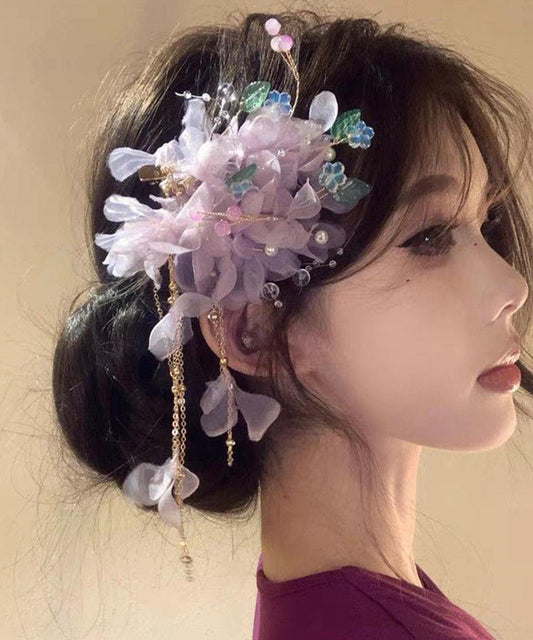 Chinese Style Purple Alloy Tulle Floral Tassel A Pair Hairpin