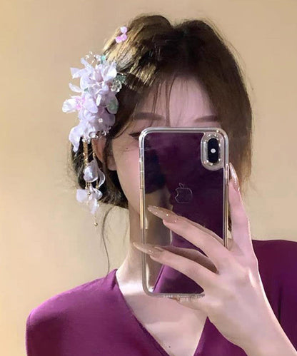 Chinese Style Purple Alloy Tulle Floral Tassel A Pair Hairpin