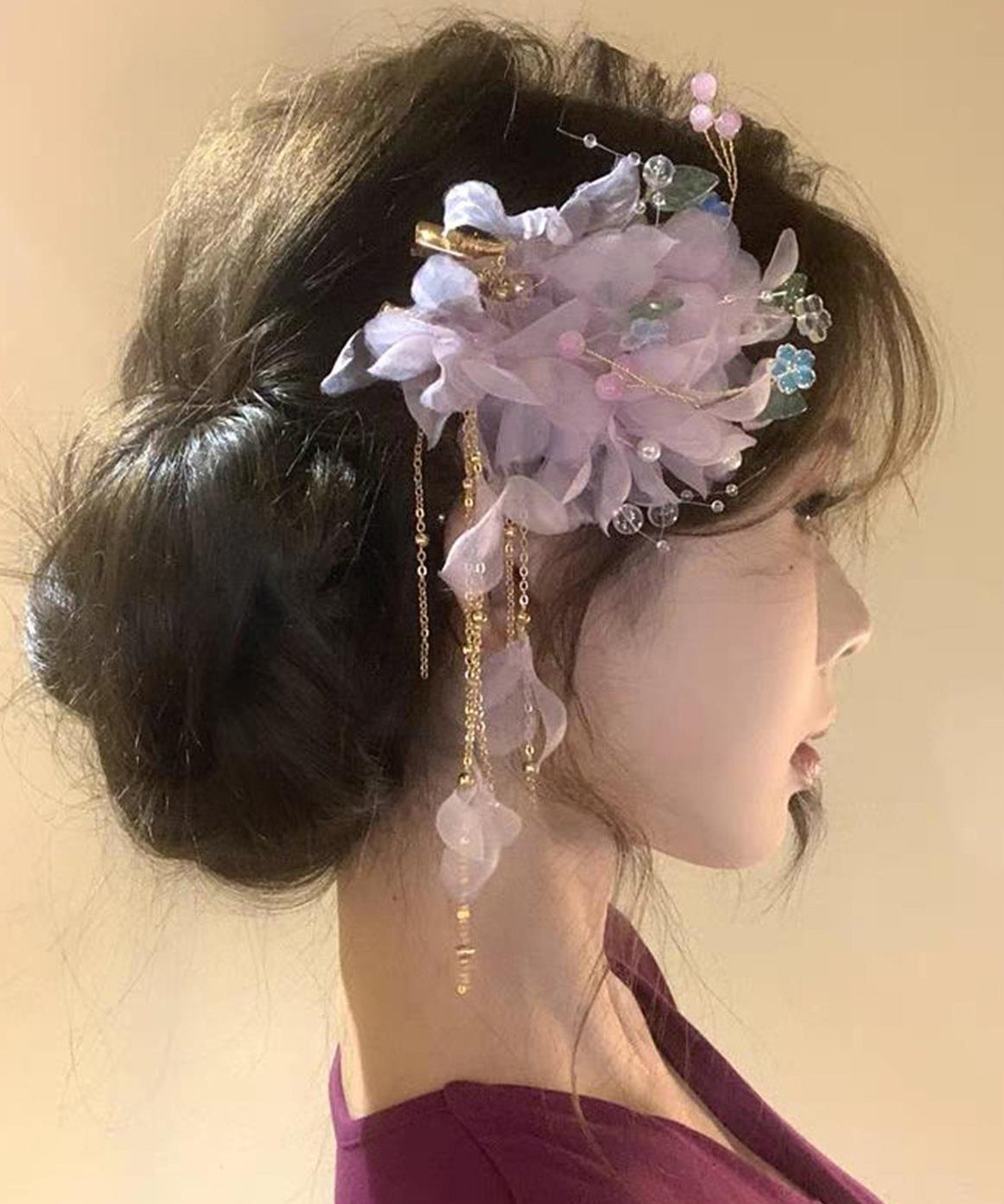 Chinese Style Purple Alloy Tulle Floral Tassel A Pair Hairpin