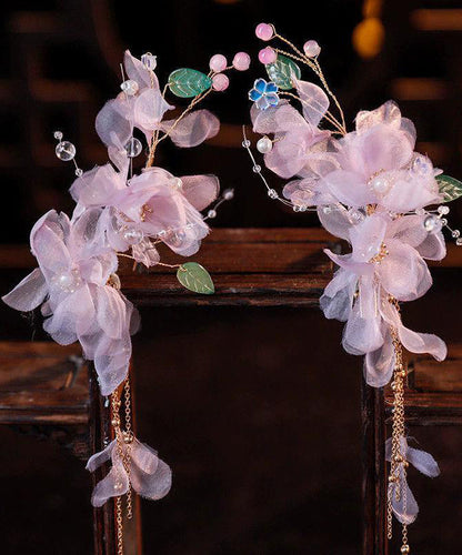 Chinese Style Purple Alloy Tulle Floral Tassel A Pair Hairpin