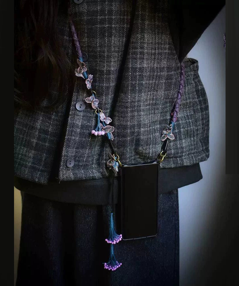 Chinese Style Purple Alloy Weave Butterfly Tassel Phone Chains