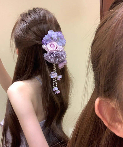 Chinese Style Purple Cloth Floral Beading Tassel Hairpin
